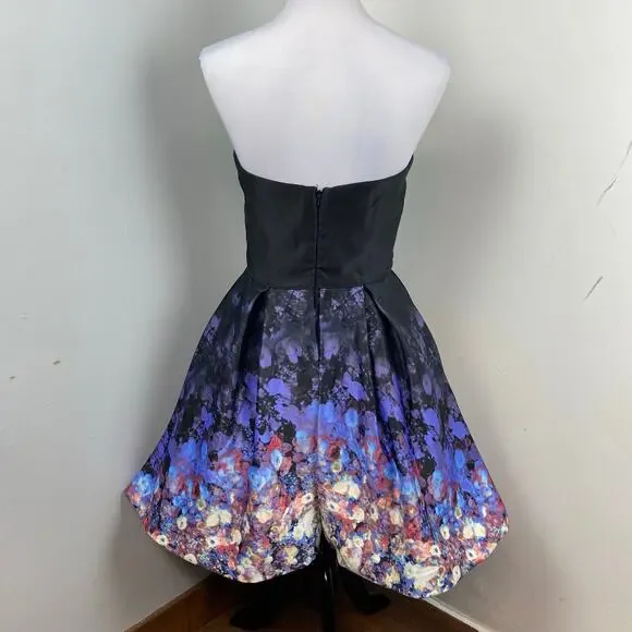 Betsy & Adam Black Satin Floral Strapless Fit & Flare Party Dress Size 10 - Picture 7 of 11